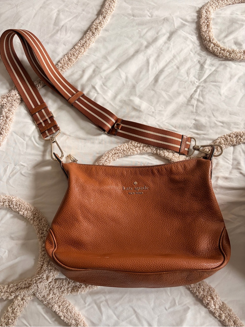 kate spade Cognac Pebbled Leather Crossbody with Striped Strap